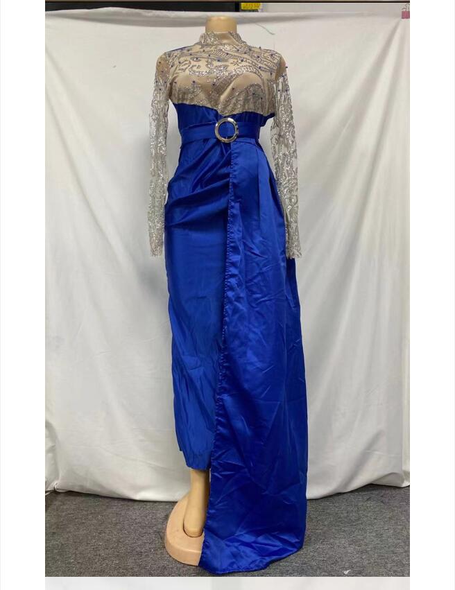 Blue With Gold Arabic Mermaid Evening Dresses High Neck Algerian Outfit Prom Gown Side Train Pleated Thigh Split Party Maxi Robe