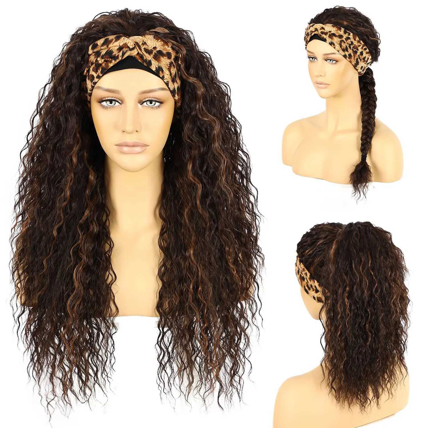 Perucas sintéticas destaque headbandwigs para mulheres sintético marrom encaracolado perucas para mulheres cola menos máquina feita peruca longa ondulada headbandwigs 240329