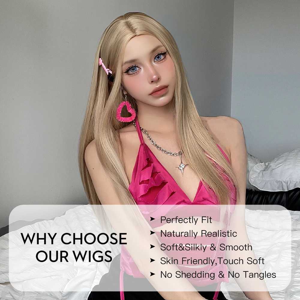 Synthetic Wigs Lace Wigs Synthetic Warm Brown Blonde Long Straight Wigs for Women Cosplay Party Daily Natural Hair Middle Part Wig Heat Resistant Fibre 240329