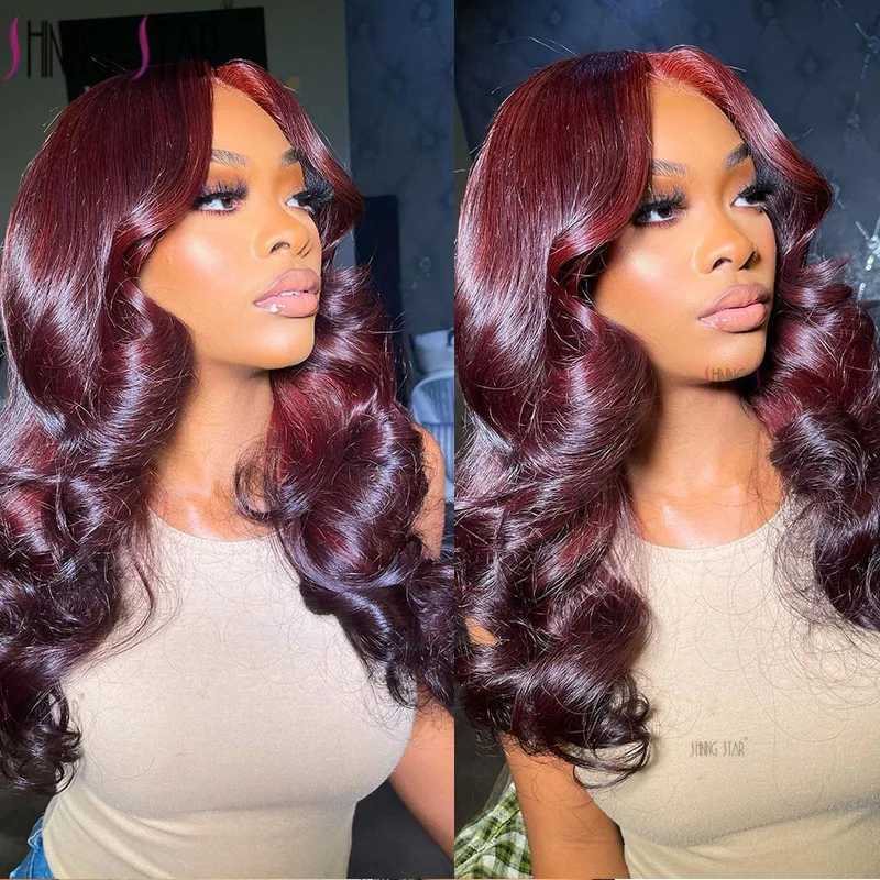 Synthetic Wigs Dark Burgundy Color 13X4 Lace Front Wigs For Women 13x6 Lace Front Human Hair Wig 99J Body Wave Brazilian Hair Wig Glueless Wig 240329