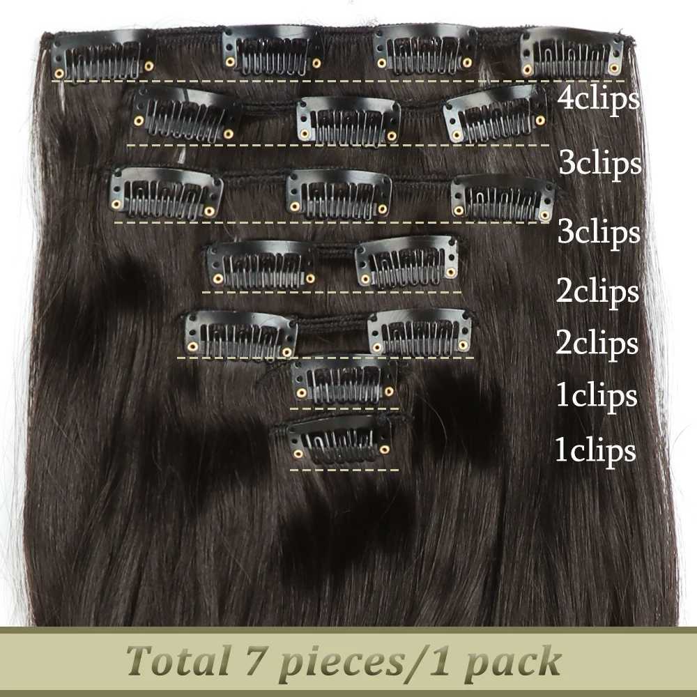 Syntetiska peruker 7st16 klämmor hår långt vågigt syntetiskt hårstycke raka hårstycken svart brun blandad färg för kvinnor 240329