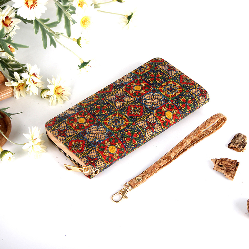 Wallets Lady Cork Leather Geometry National Printing Multifunctional Long Credit Card Holder