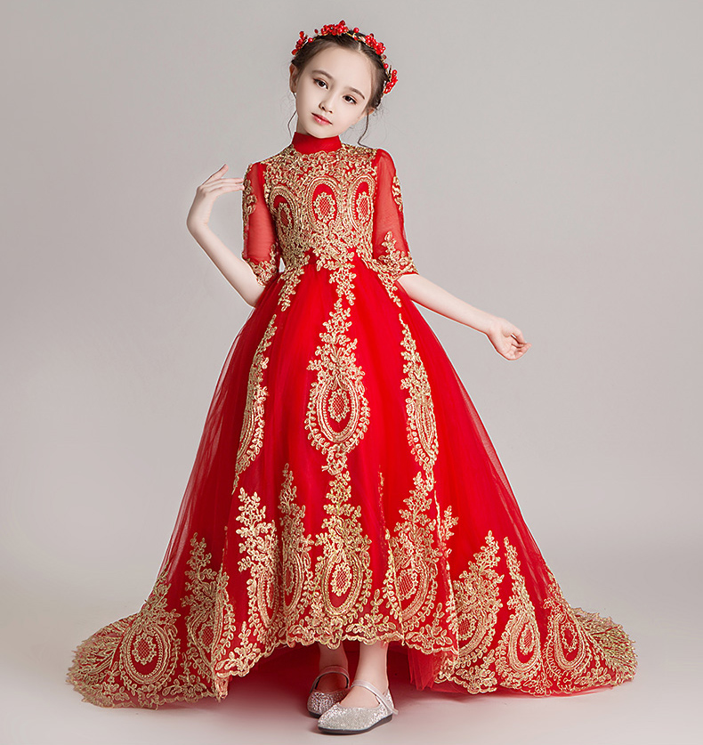 Bright Red Tulle Sleeves Applique Flower Girl Dress Girl's Pageant Dresses Party/Birthday Dresses Girl's Skirt Custom SZ 2-12 D319050