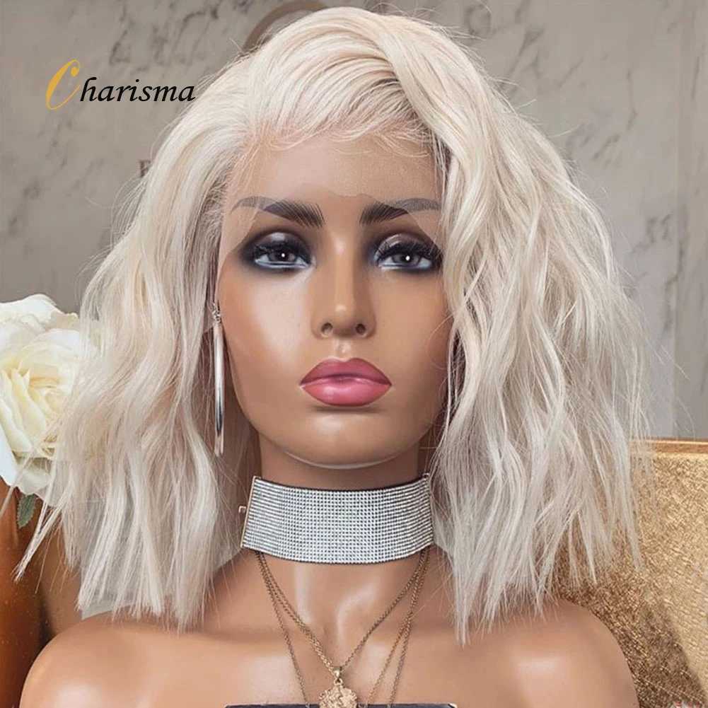 Synthetische pruiken Charisma 60 platinablonde pruik Synthetische kanten pruiken voor vrouwen Korte bobstijl Golvend haar Blonde frontale pruiken Cosplay 240329