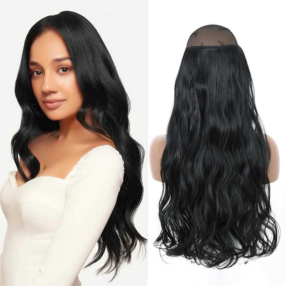 Synthetic Wigs Synthetic No Clip Invisible Hair Long Wavy Heat Resistant Hairpiece 22 Fish Line Fake Hair Black For Women 240329