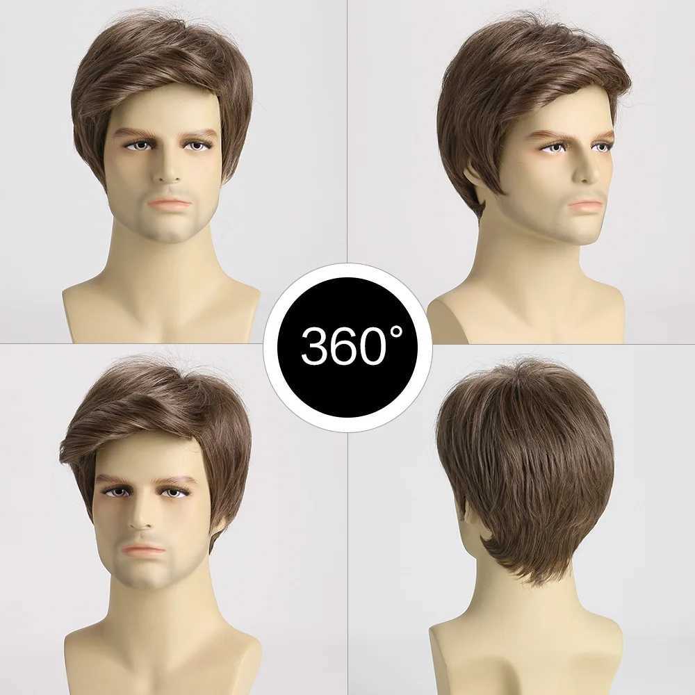 Syntetiska peruker Mens Korta peruk Syntetiskt hår Slät naturlig Pixie Cut Toupeemale Hair Fleeciness Realistic Natural Brown Wigs 240328 240327