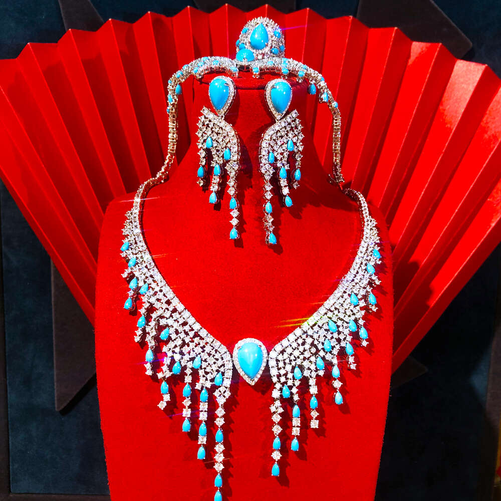 GODKI – ensemble de 4 pièces tendance en forme de goutte d'eau Turquoise pour femmes, bijoux de mariée en Zircon cubique jaune CZ, bijoux de mariée africaine de dubaï