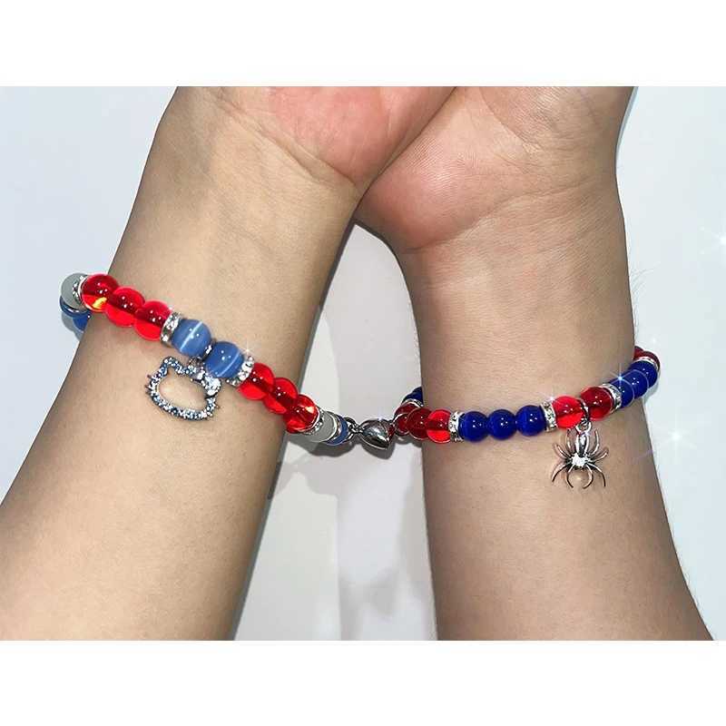 Brazalete 2 piezas / juego de pulseras con dijes de gatito araña, pulseras a juego con corazones para parejas, pulsera de cristal con cuentas, joyería de Halloween 240319