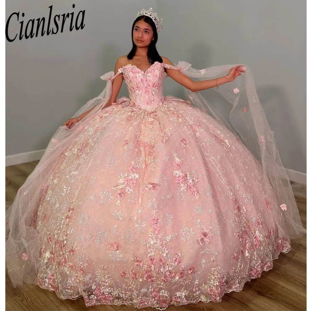 Pink Spittly Crystal Applicies Bow Quinceanera Dresses Ball Gown Off the Shoulder Beading Sweet Vestidos de 15 Girls