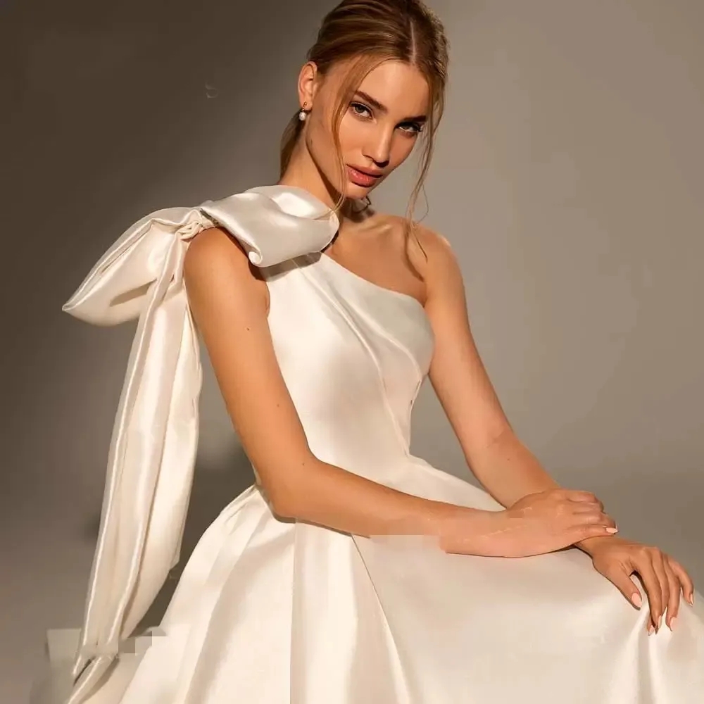 High Quality One Shoulder Bow Elegant Boho Garden A Line Bridal Dress Long Court Train Sleeveless Brides Vestidos De NoviaYD