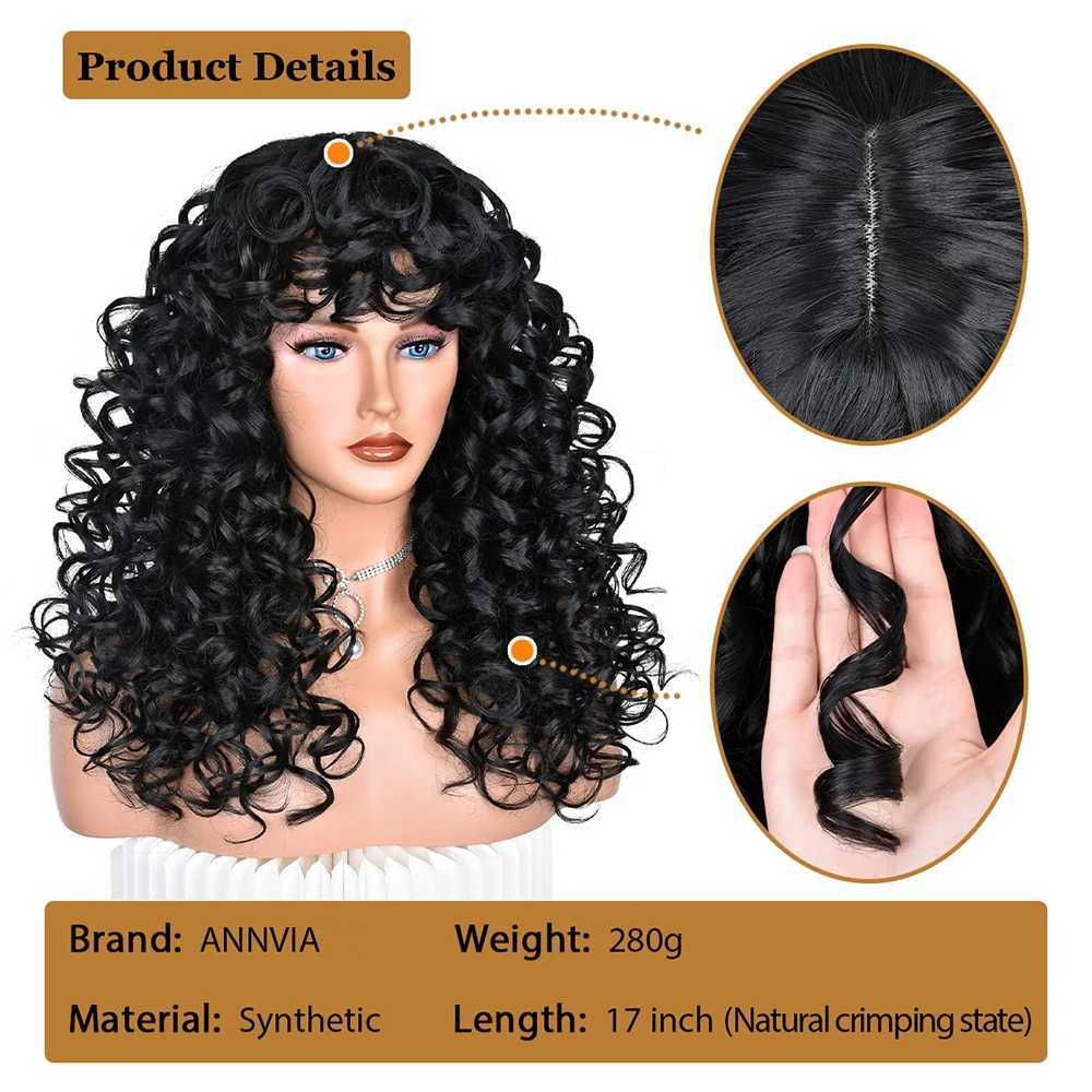 Synthetische pruiken Zwart krullende pruik met pony Lang krullend Afro-pruiken voor vrouwen Synthetische vezels Lijmloos haar voor Dagelijks gebruik Feest Halloween Cosplay 240329