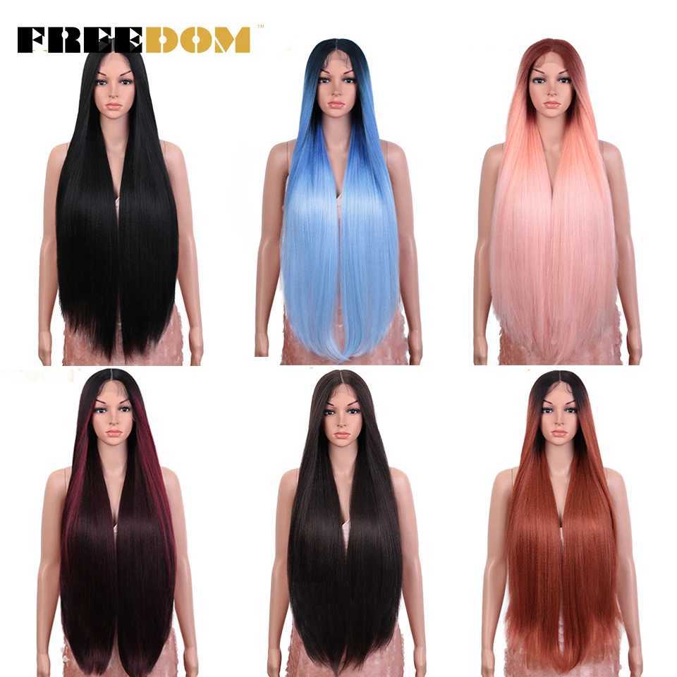 Synthetic Wigs Synthetic Wigs FREEDOM Yaki Straight Synthetic Lace Wigs For Women Ombre Brown Handtied Lace Wig 36 Inch Middle Part Long Blue Pink Cosplay Wig 240327