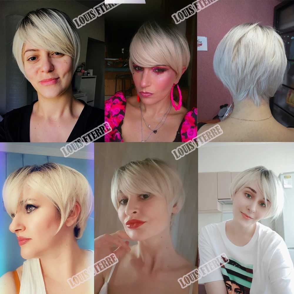 Parrucche sintetiche Parrucche cosplay Ombre corte Biondo cenere Parrucche sintetiche bianche con frangia donna nera Parrucca pixie cut platino Cosplay Capelli finti ad alta temperatura 240329