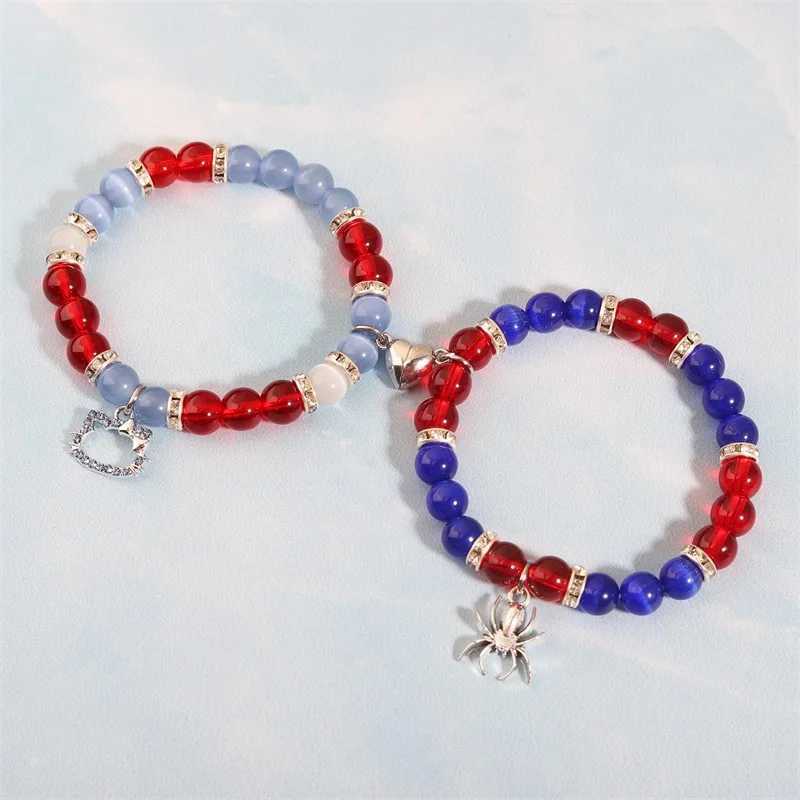 Brazalete 2 piezas / juego de pulseras con dijes de gatito araña, pulseras a juego con corazones para parejas, pulsera de cristal con cuentas, joyería de Halloween 240319