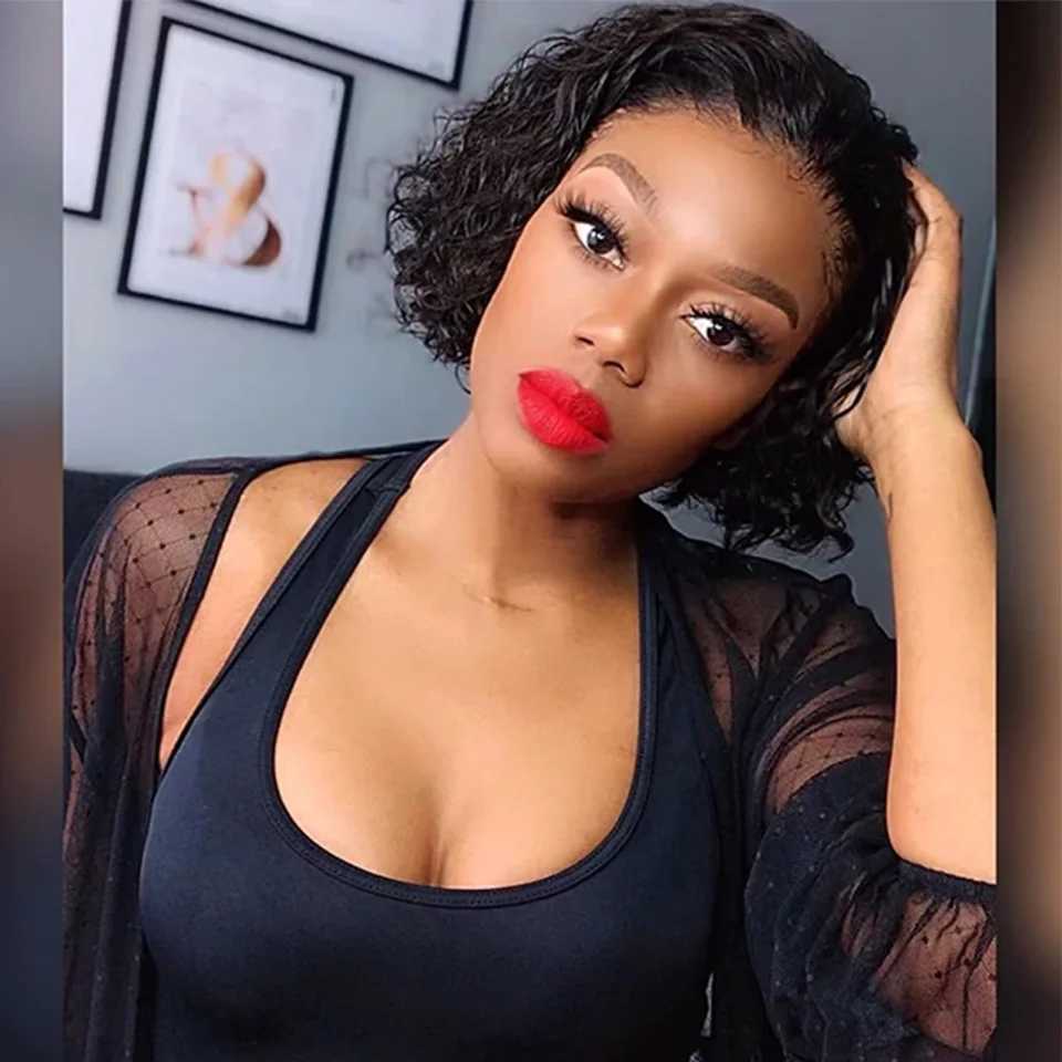 Syntetiska peruker spetsar peruker Kort mänskligt hår peruk Höjdpunkt Pixie Cut Lace Front Human Hair Wigs For Black Women Perruque Cheveux Humain Billiga Glueless Wig 240329