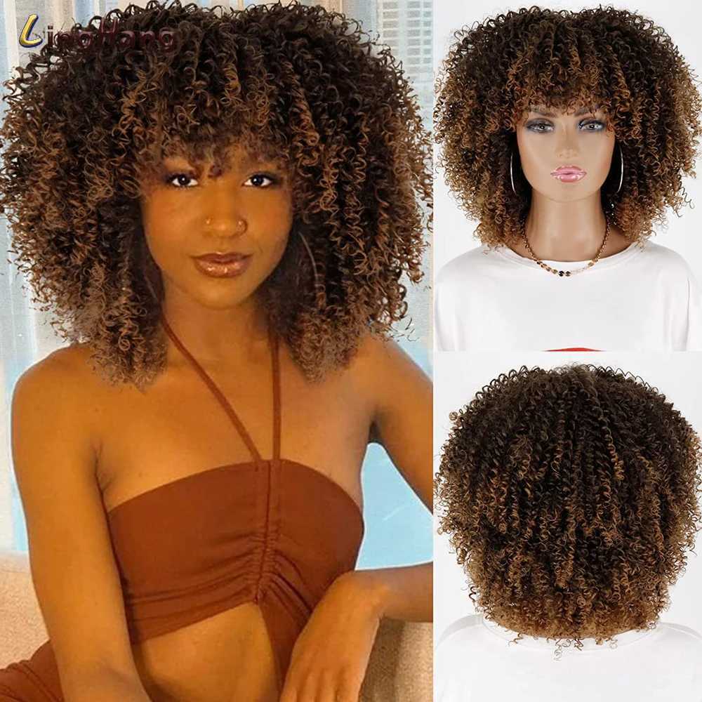 Synthetische Perücken LINGHANG Kurze Haare Afro Verworrene Lockige Perücken Mit Pony Für Schwarze Frauen Afrikanische Synthetische Omber Glueless Cosplay Perücken 240328 240327