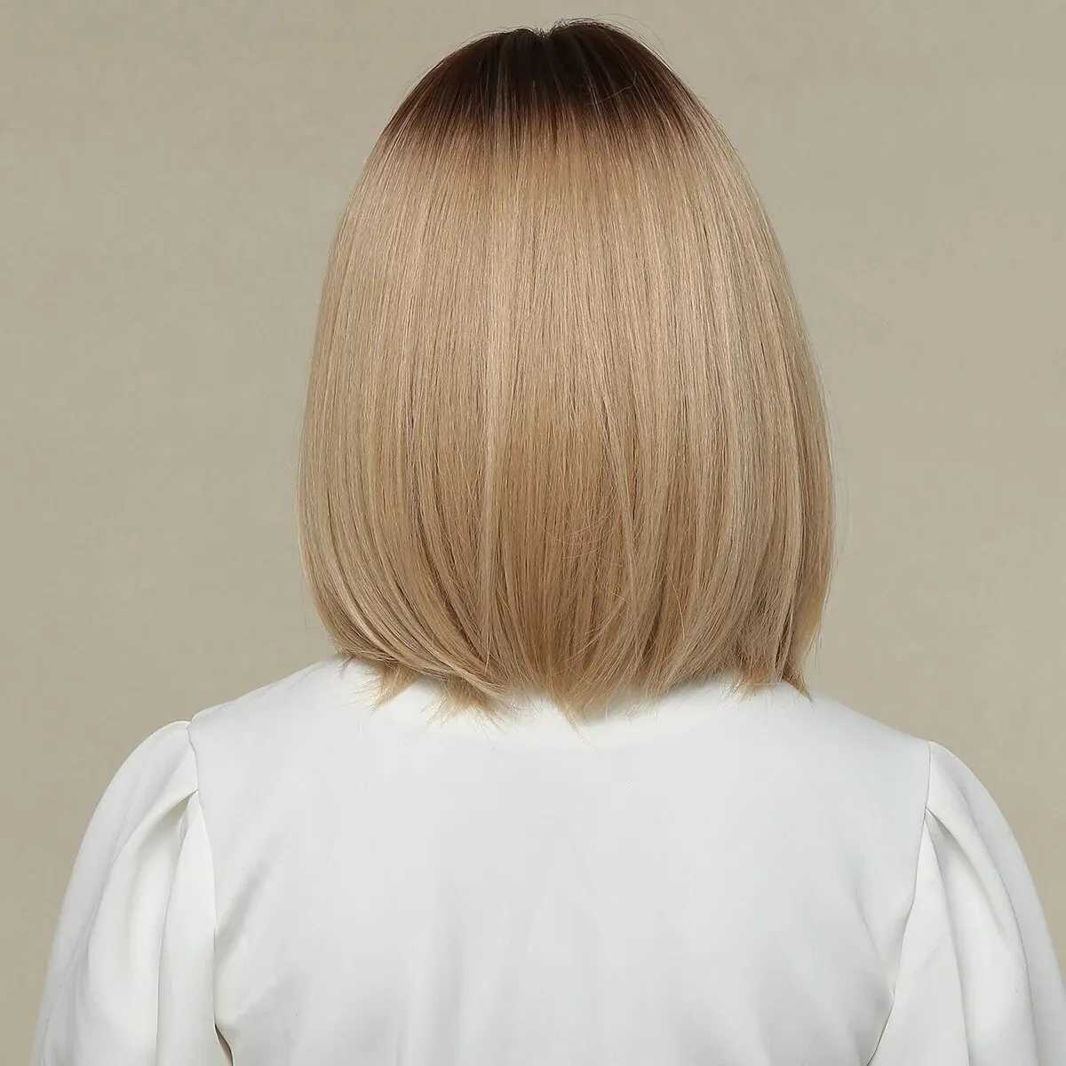 Synthetische Perücken, Spitzenperücken, kurze, gerade, braune, blonde Ombre-Synthetik-Perücken mit Pony, mittellange Bob-Perücken für Frauen, tägliches Cosplay, hitzebeständige Faser, 240327