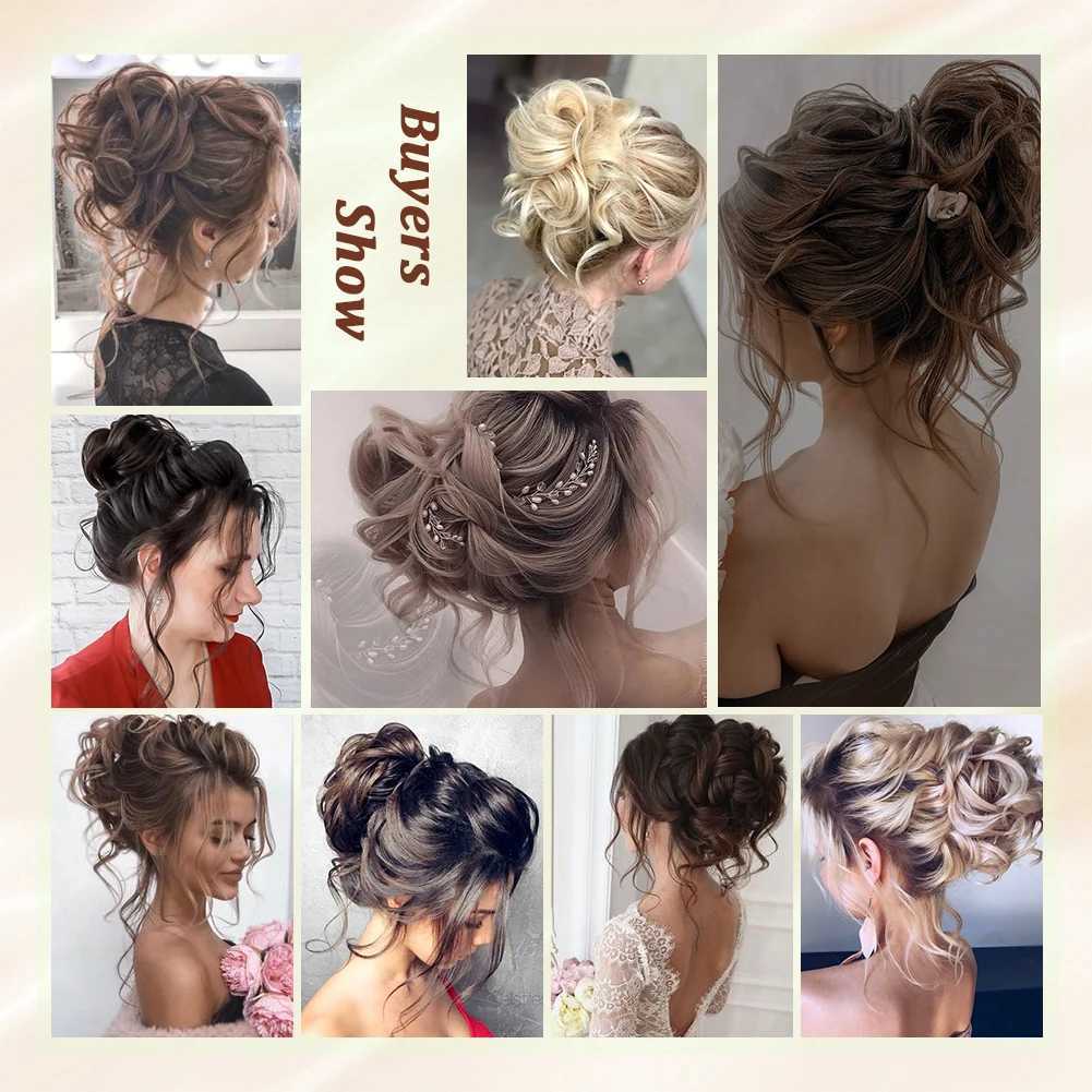 Syntetiska peruker hårtillbehör Messy Bun Hair Piece Tousled Updo Hair Buns 10 tum Elegant Elastic Band Hair Pieces Curly Hair Bun Scrunchie för kvinnor 240328 240327