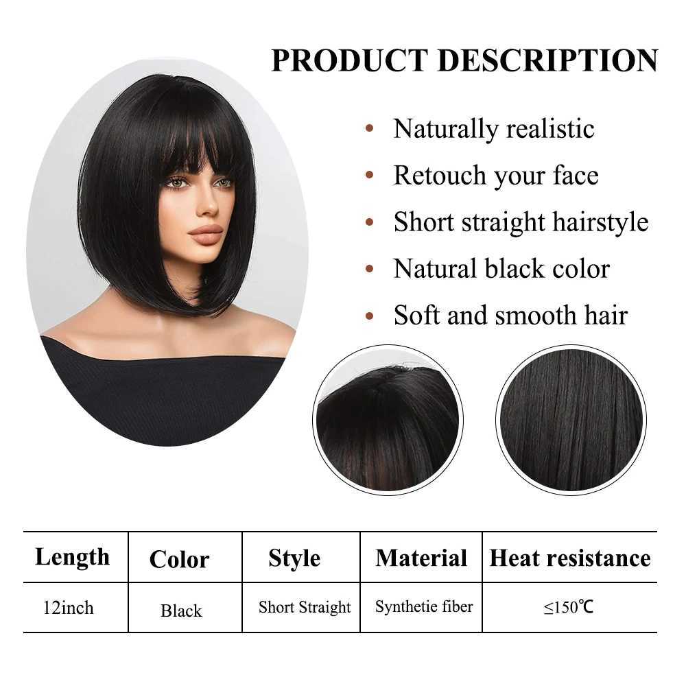 Parrucche sintetiche Parrucche cosplay Bob Parrucca sintetica nera con frangia le donne Parrucche afro corte scure diritte Cosplay Halloween Capelli naturali Lolita Resistente al calore 240329