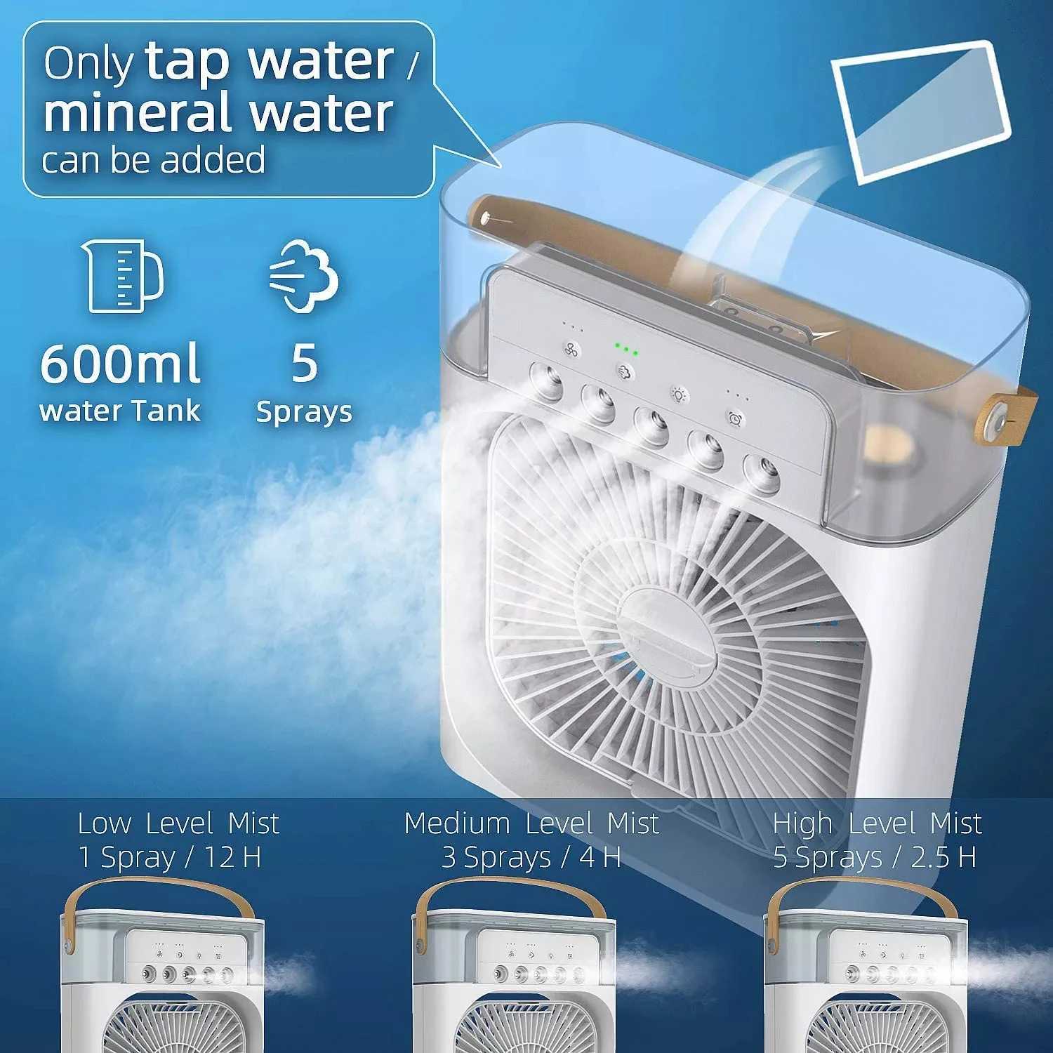 Elektrische Ventilatoren Elektrischer Ventilator Mini-Klimaanlage für Wasserkühlung im tragbaren Raumventilator 5 Desktop-USB-Spray 7-Farben-LED-Befeuchtungslampe 240319