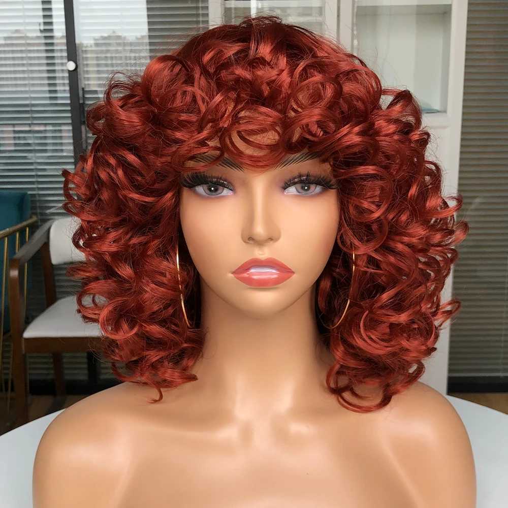 Synthetic Wigs Cosplay Wigs Short Hair Afro Curly Wig With Bangs For Black Women Cosplay Fluffy Glueless Mixed Brown Blonde Wigs Natural High Temperat Red 240327