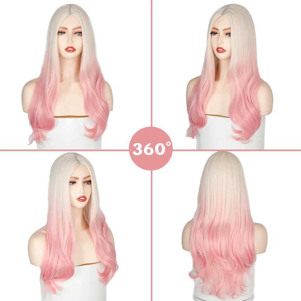 Perucas sintéticas peruca longa ondulada ombre peruca dourada peruca rosa feminino ahri kda cosplay médio cabelo natural peruca de fibra de alta temperatura 240328 240327
