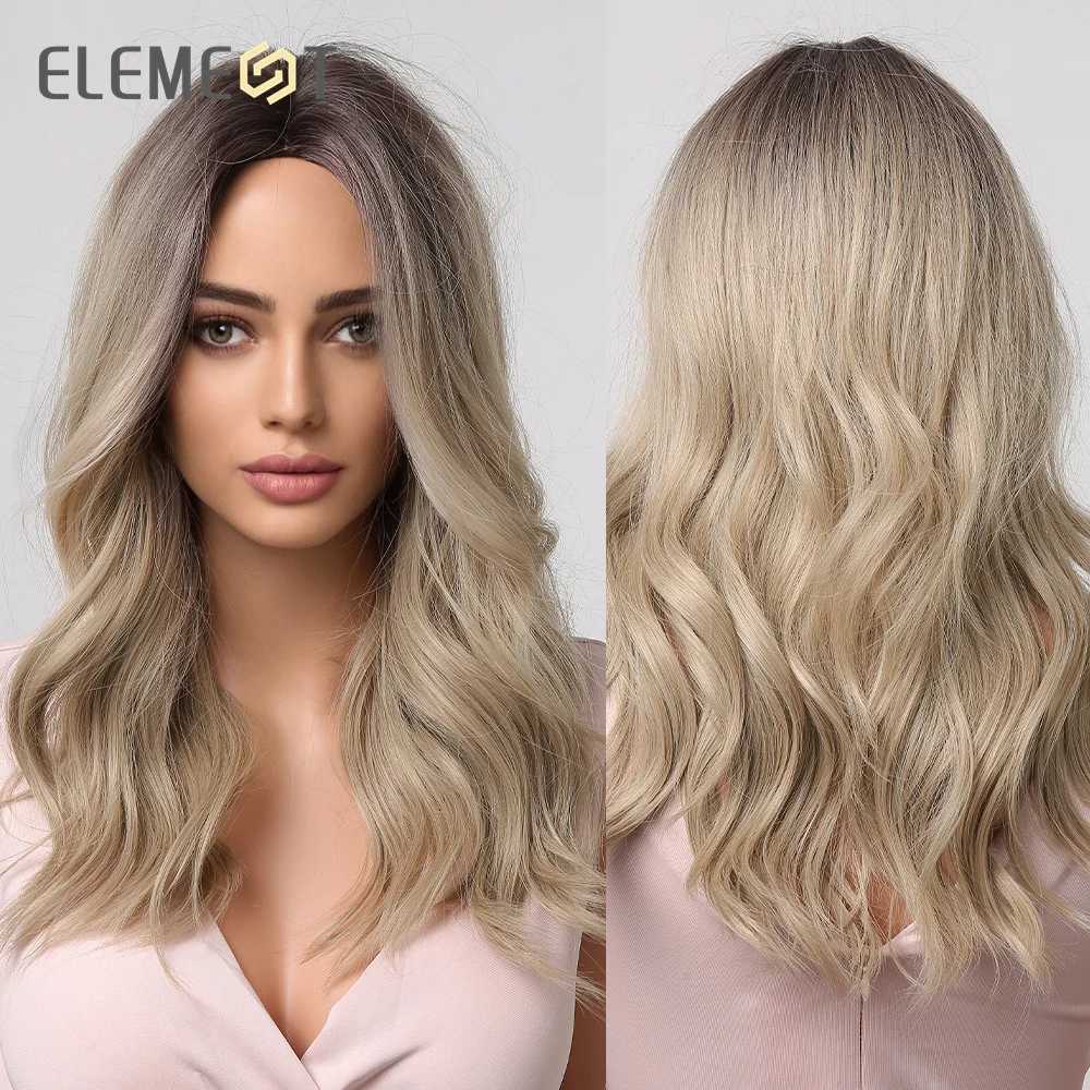Synthetic Wigs Lace Wigs ELEMENT Synthetic Wig Long Medium Water Wavy Ombre Black Blonde Wigs for Women Party Daily Hair Heat Resistant Fashion Headband 240327