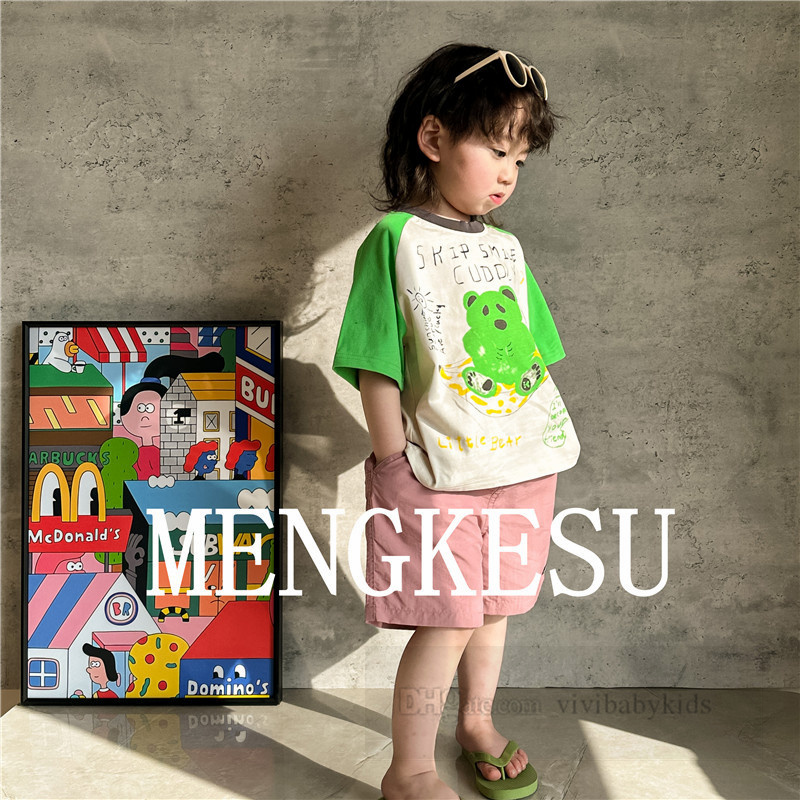 Kinderen beer brief gedrukt T-shirt jongens patchwork kleur half mouw tops 2024 zomer kids katoen losse casual kleding Z7234