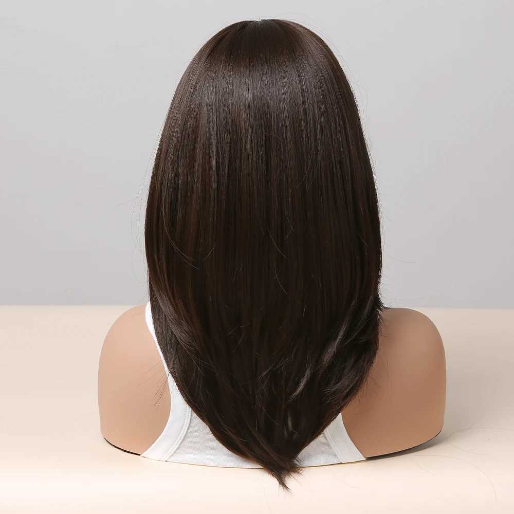 Perucas sintéticas perucas sintéticas de peruca ondulada média longa peruca escura em camadas marrom com franja lateral para mulheres diariamente fibra de calor resistente ao calor 240328 240327