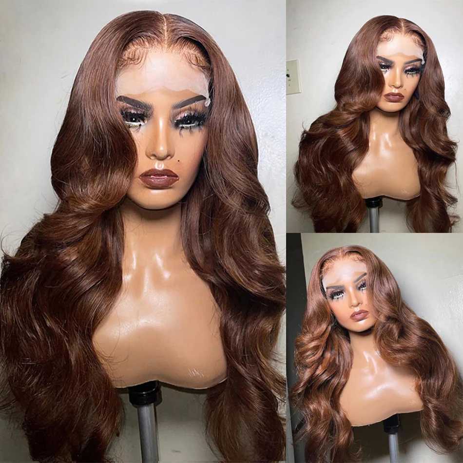 Syntetiska peruker Syntetiska peruker HD Choklad Brown 13x4 Body Wave Spets Front Wig Glueless Brasilian Brown 13x6 Spets Front Peruks för kvinnor Human Hår Förinställda 240329