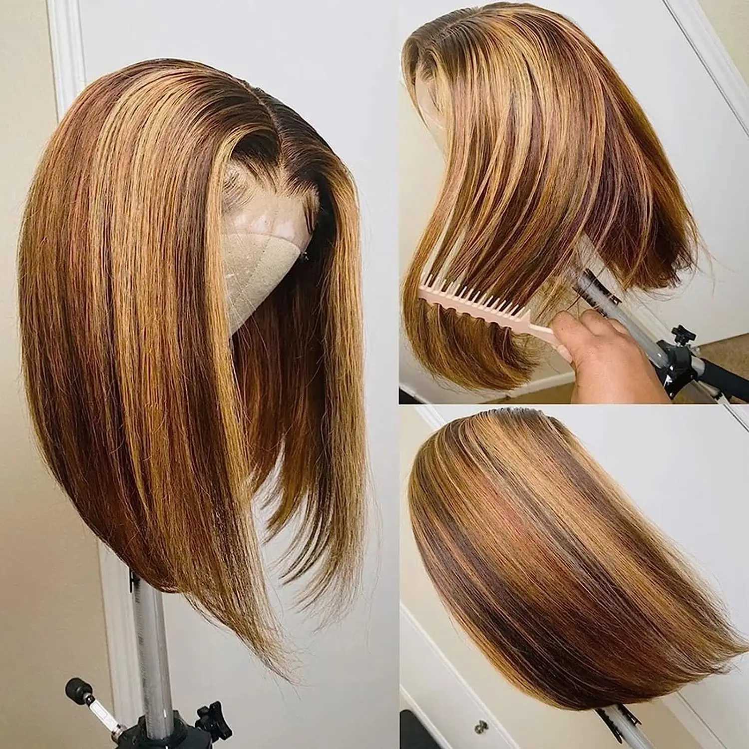 Synthetische Perücken tragen und werden glühlose Perücke menschliches Haar Ombre Highlight Bob Perücken menschliches Haar für Frauen 4x4 Straight Spitzenverschluss Perücken menschliches Haar 240329