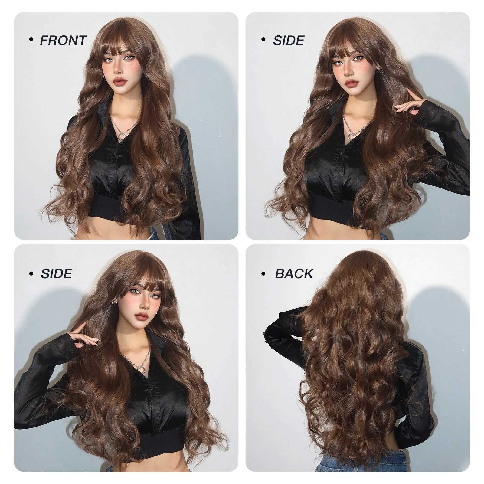 Synthetic Wigs Long Body Wave Synthetic Wigs Dark Brown Wavy Wig with Bangs Chocolate Brown Hair for Women Full Wig Heat Resistant Daily Use 240328 240327
