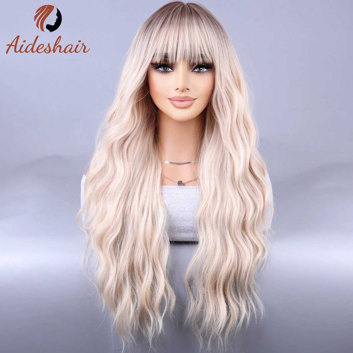 Synthetic Wigs Long brown wig with bangs 28 Ombre Brown Blend Blonde accent wig for women long curly wavy synthetic wig for everyday party use 240329