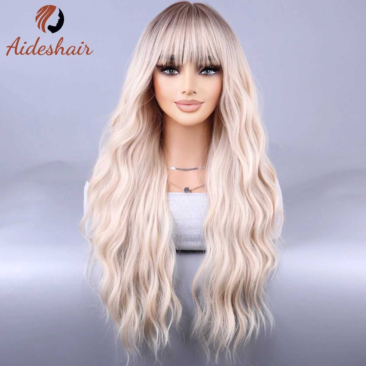 Синтетические парики Длинный коричневый парик с челкой 28 Ombre Brown Blend Blonde Акцентный парик для женщин Длинный вьющийся волнистый синтетический парик для повседневной вечеринки 240329