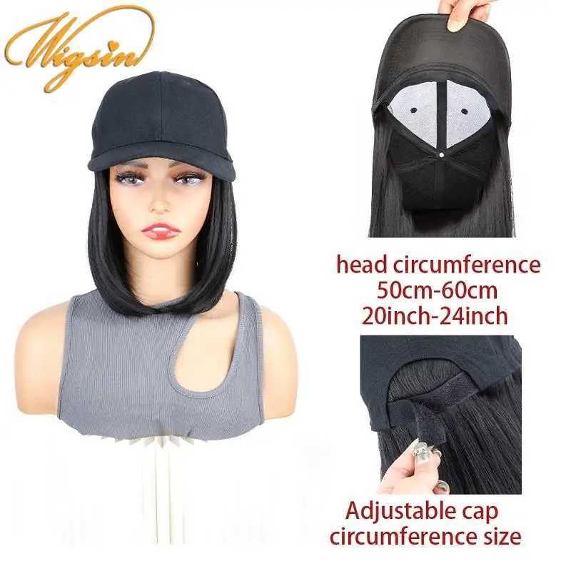 Synthetic Wigs Synthetic Wigs WIGSIN Synthetic 8Inch Short Bobo Hat Wig Black Baseball Cap Hair Heat-Resistant Adjustable Hairpiece for Women 240329