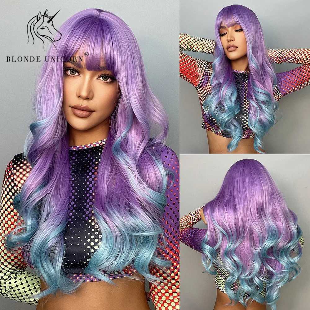 Perruques synthétiques Blonde licorne synthétique longue perruque ondulée Ombre violet à bleu pour les femmes Cosplay Halloween perruques résistant à la chaleur fibre frange cheveux 240328 240327