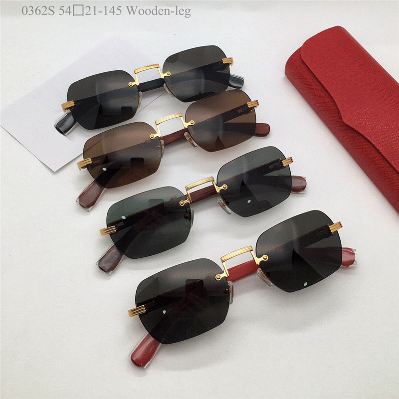 New fashion design square sunglasses 0362S metal frame rimless lens wooden temples simple and popular style versatile UV400 protection glasses