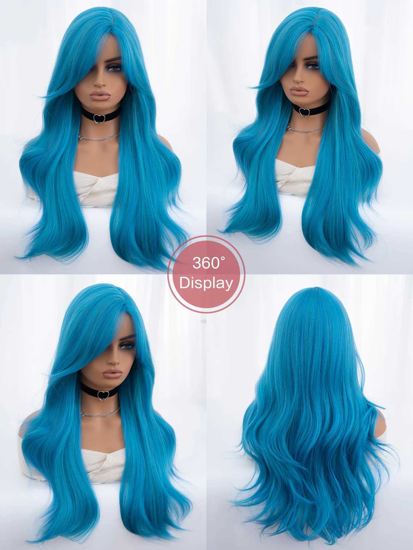 Синтетические парики 28-дюймовый морской синий цвет Синтетические парики Средняя часть Длинный натуральный волнистый парик из волос для женщин Косплей Drag Queen Party Жаростойкий 240328 240327