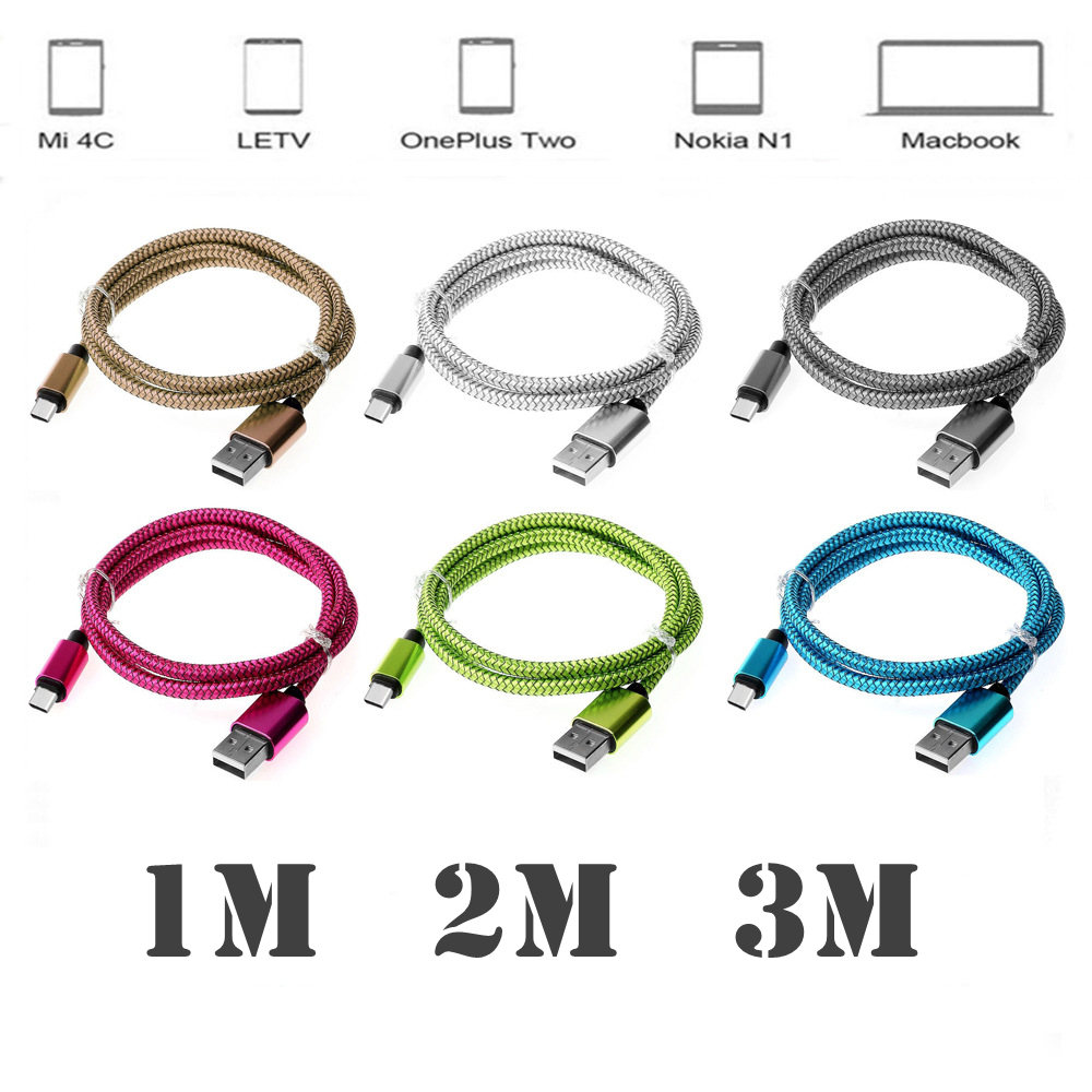 Cavi telefoni cellulari in tessuto intrecciato di ricarica in lega di alluminio 1M 2M 3M Cavo dati USB 2.0 Pacchetti di accessori ap 7 8 Tipo c Samsung Android