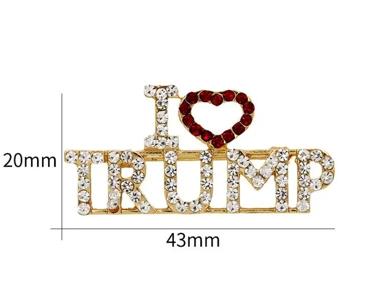 TRUMP Crystal Rhinestones Unique Design Letter Brooches Red Heart Letter I Love Trump Words Pin Women Girls Coat Dress Jewelry