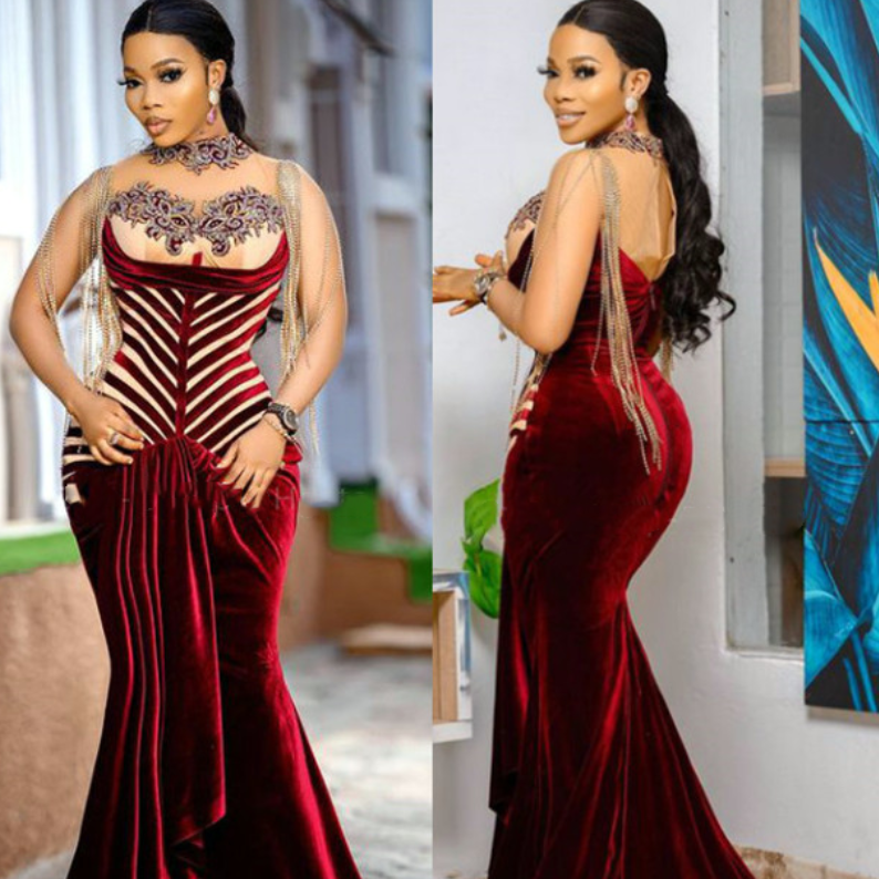 Plus Size Arabic Aso Ebi Burgundy Mermaid Velvet Prom Dresses Sheer Neck Beaded Evening Formal Party Second Reception Gowns Dress