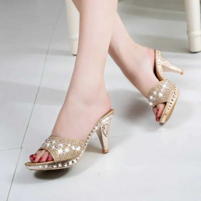 Dress Shoes Summer Women Sandals Rhinestone Sexy High Heels Sandalias Gold Silver Slippers hakken H240430