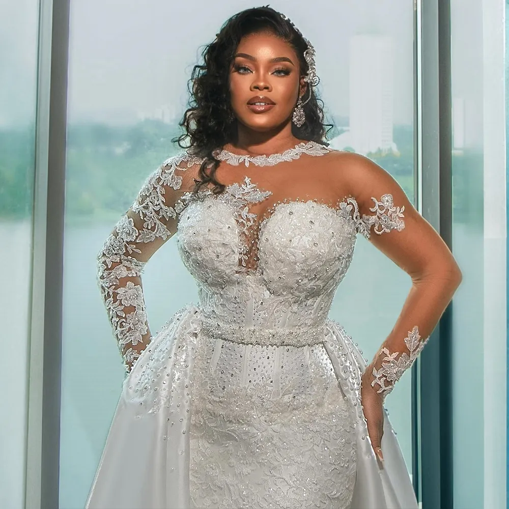 Luxury Wedding Dress for Bride Mermaid Plus Size Sheer Neck Long Sleeves Beaded Lace Wedding Gowns with Detachable Train for Marriage for Nigeria Black Women NW029