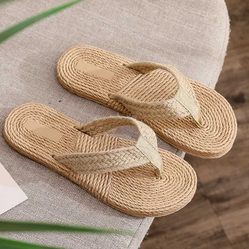 Slippers Summer Faux Grass Woven Women Sandals Fashion Flat Shoes Beach Casual Flip Flops Slide Zapatos Mujer H240325