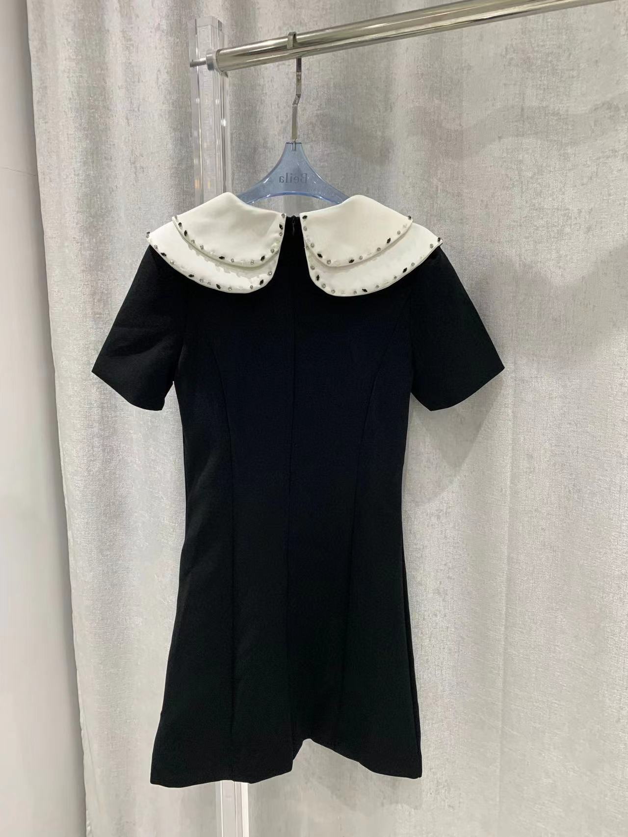 2024 Spring Black O neck Crystal Beads Short Sleeves Women Dress Designer High End Womens Runway Dress Vestidos De Festa 32018