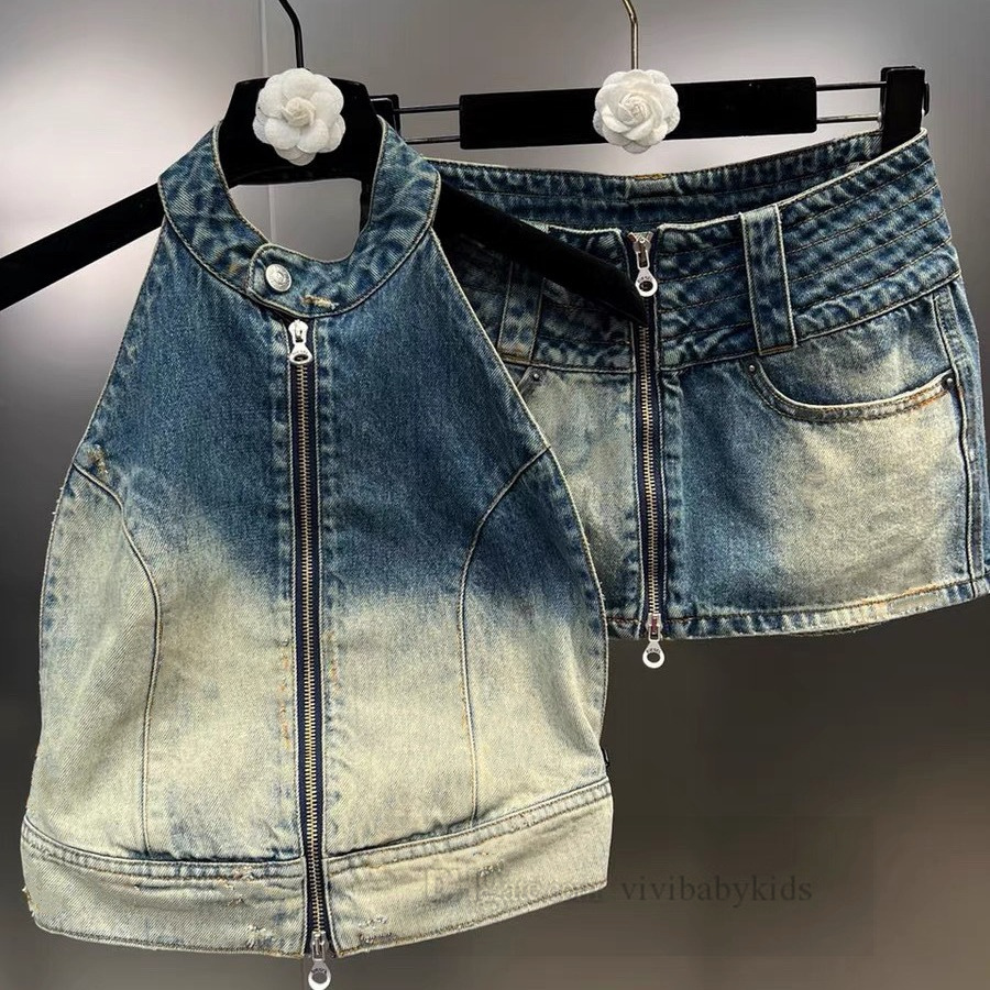 Stora flickor denimkläder sätter gamla barn som hänger nacken rygglös gradient tank topp dragkolit kjolar 2 st 2024 sommar tonåringar cowboy outfits z7249