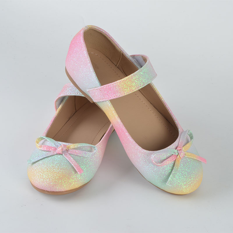 Sapatos baixos de princesa com glitter gradiente para meninas com decoração de laço, sapatos de princesa leves com sola antiderrapante