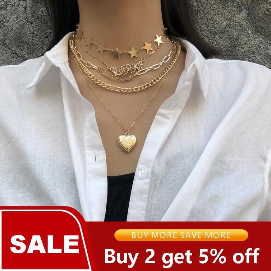 Youvanic Vintage Layed Gold Chain Locket Heart Pendant Necklace Love Letter Star Choker for Women Fashion Jewelry Collar 26141292p