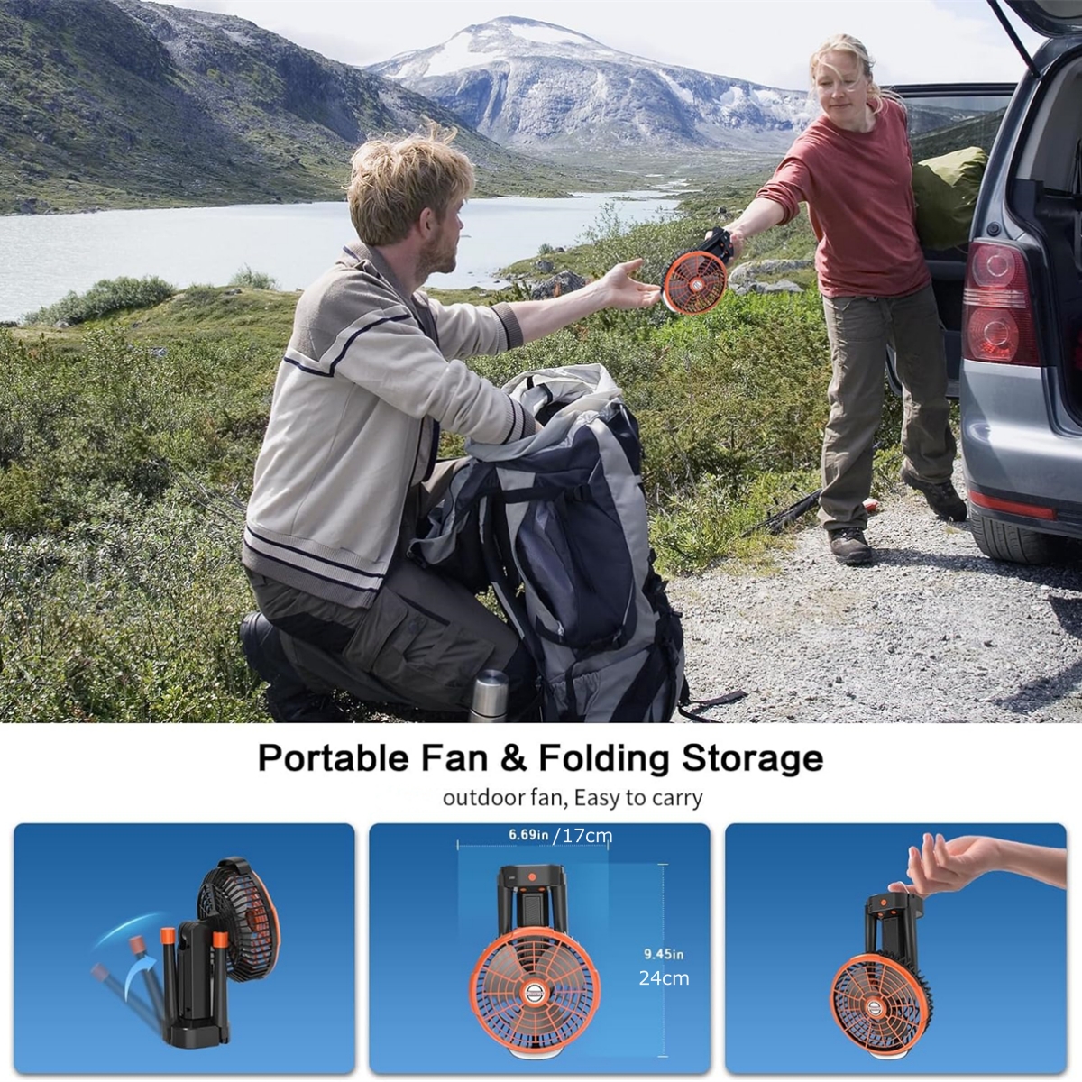 Campingfläktbatteri drivs laddningsbart med LED -lykta, Oscillating Portable Fan Foldbar, tyst personlig fläkt för picknick, grillar, fiske, resor och inomhus