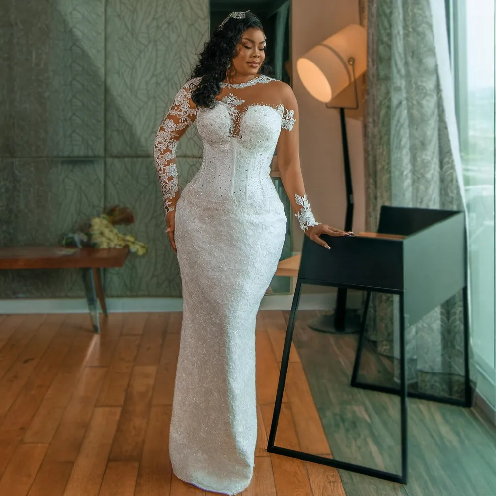 Luxury Wedding Dress for Bride Mermaid Plus Size Sheer Neck Long Sleeves Beaded Lace Wedding Gowns with Detachable Train for Marriage for Nigeria Black Women NW029